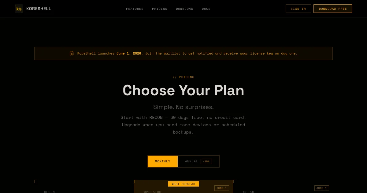 Koreshell pricing page