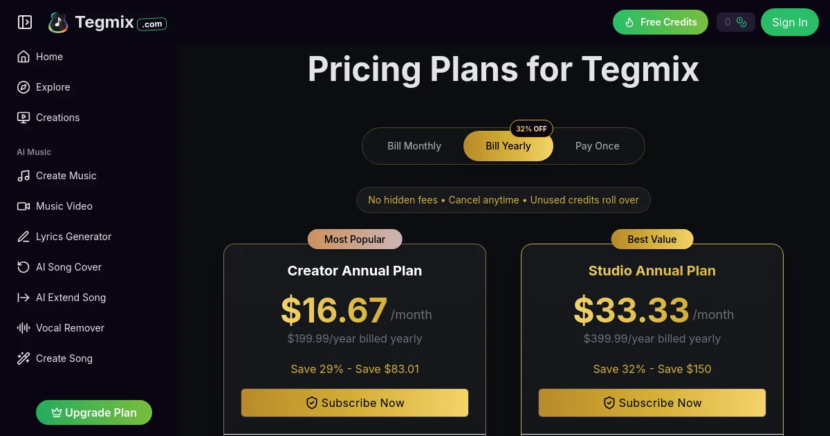 tegmix.com pricing page