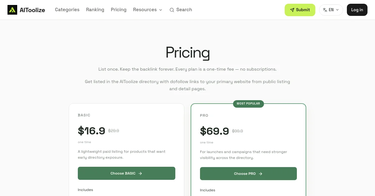 AIToolize pricing page