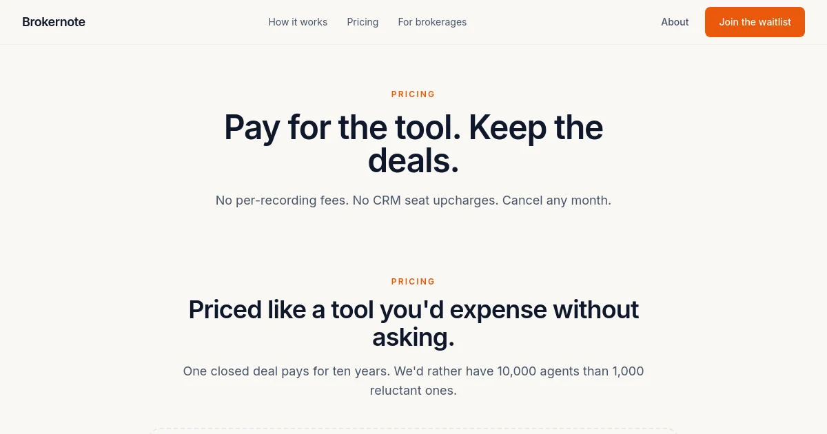 Brokernote pricing page
