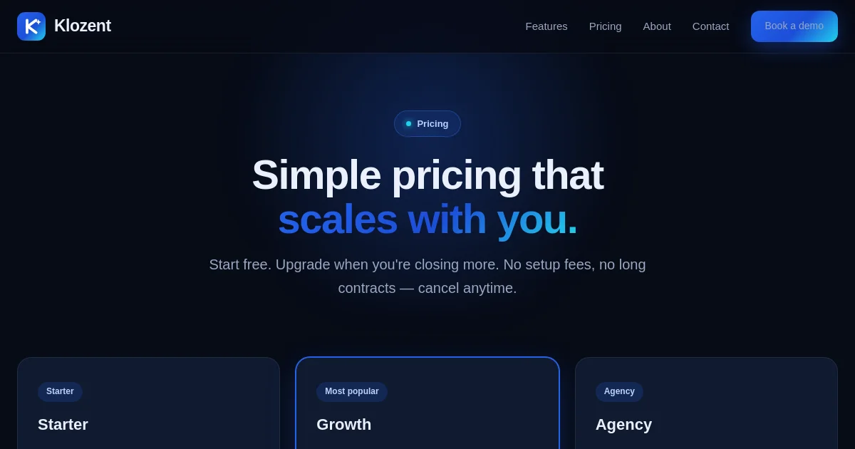 Klozent pricing page