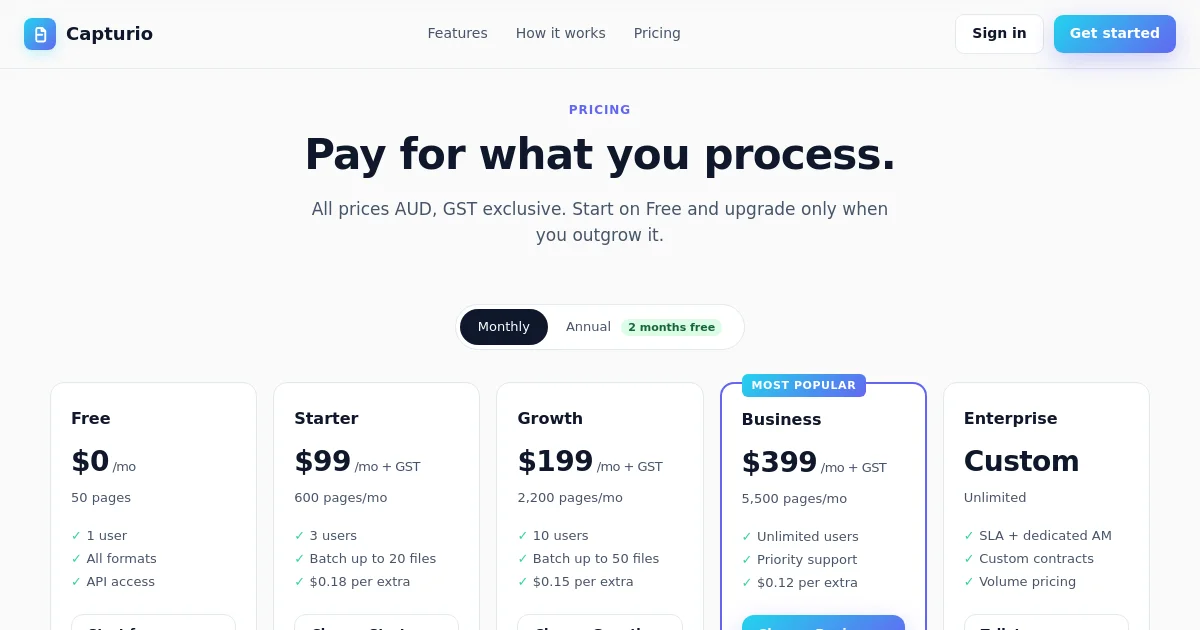 Capturio pricing page