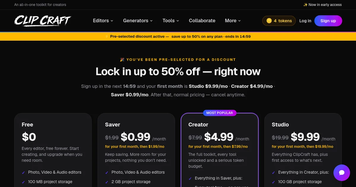 Clipcraft pricing page