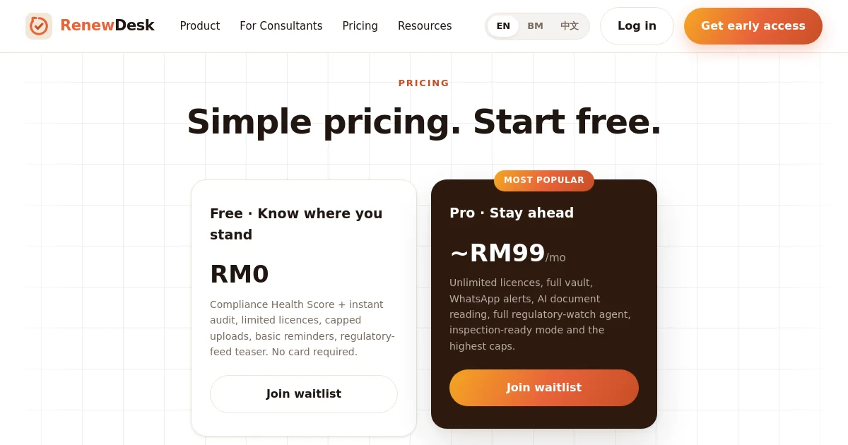Renewdesk pricing page