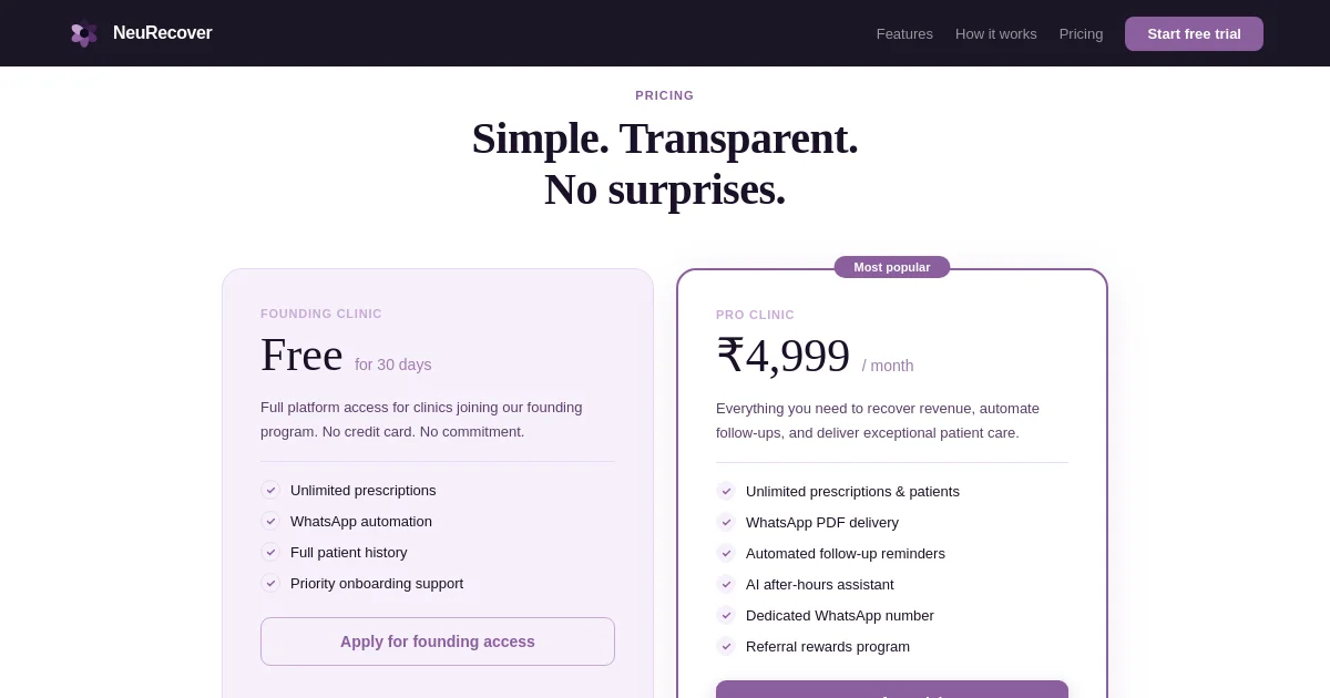 Neurecover pricing page