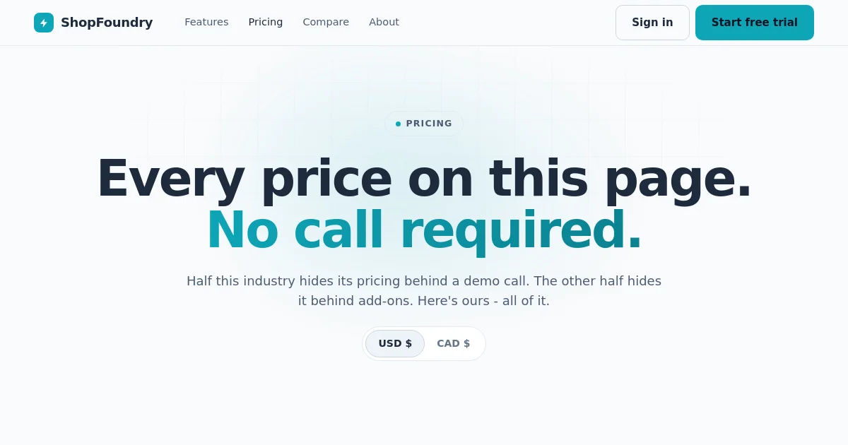 Shopfoundry pricing page
