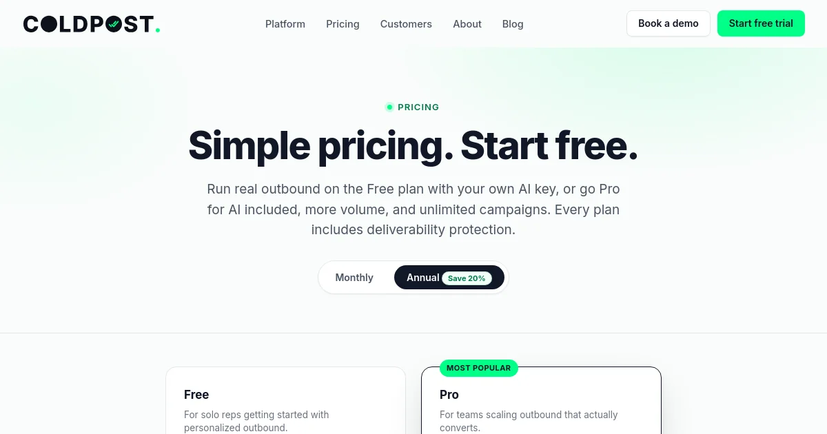 Coldpost pricing page