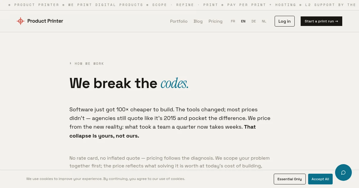 Product Printer pricing page