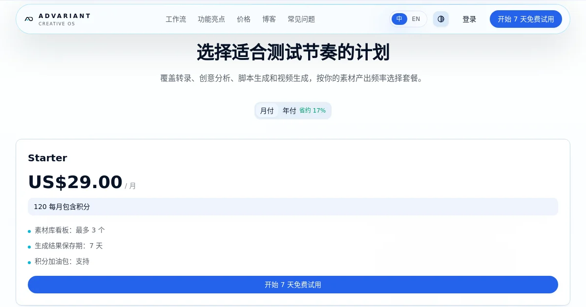 Advariant pricing page