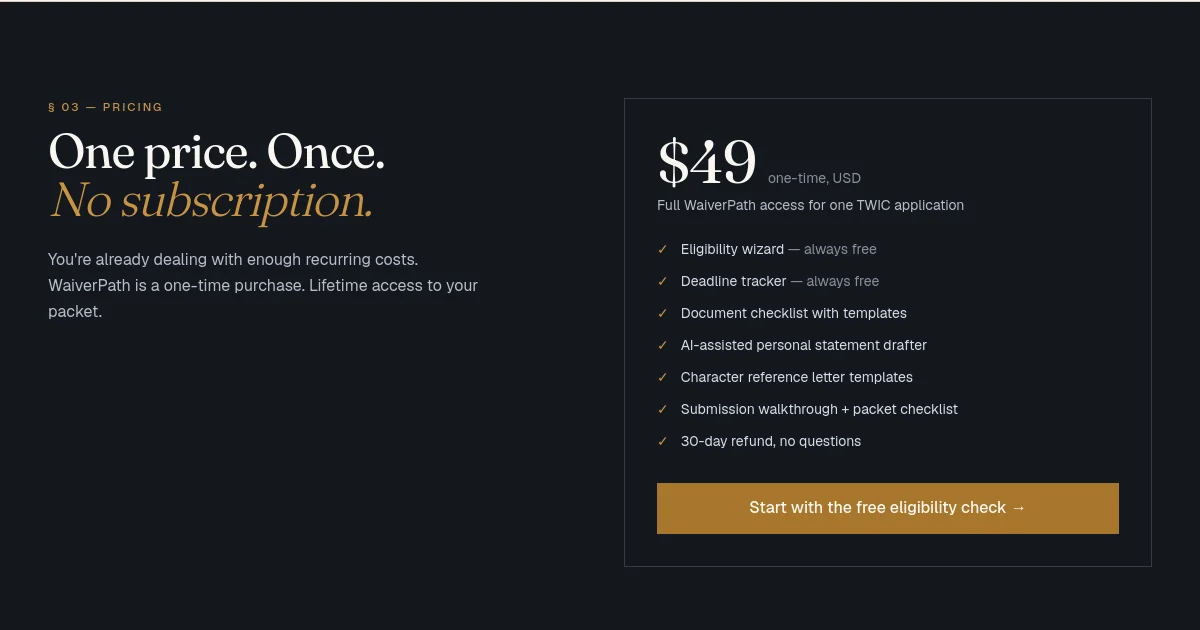 Waiverpath pricing page