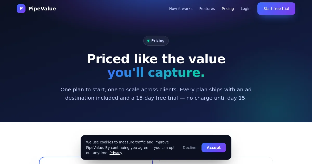 Pipevalue pricing page
