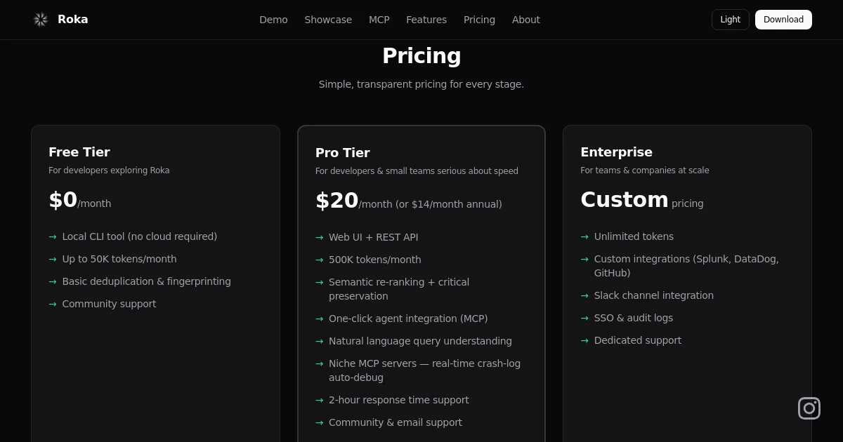Roka Dev Labs pricing page