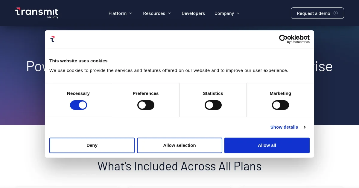 Transmit Security pricing page