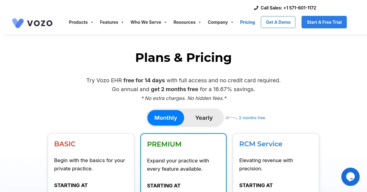 Vozohealth pricing page
