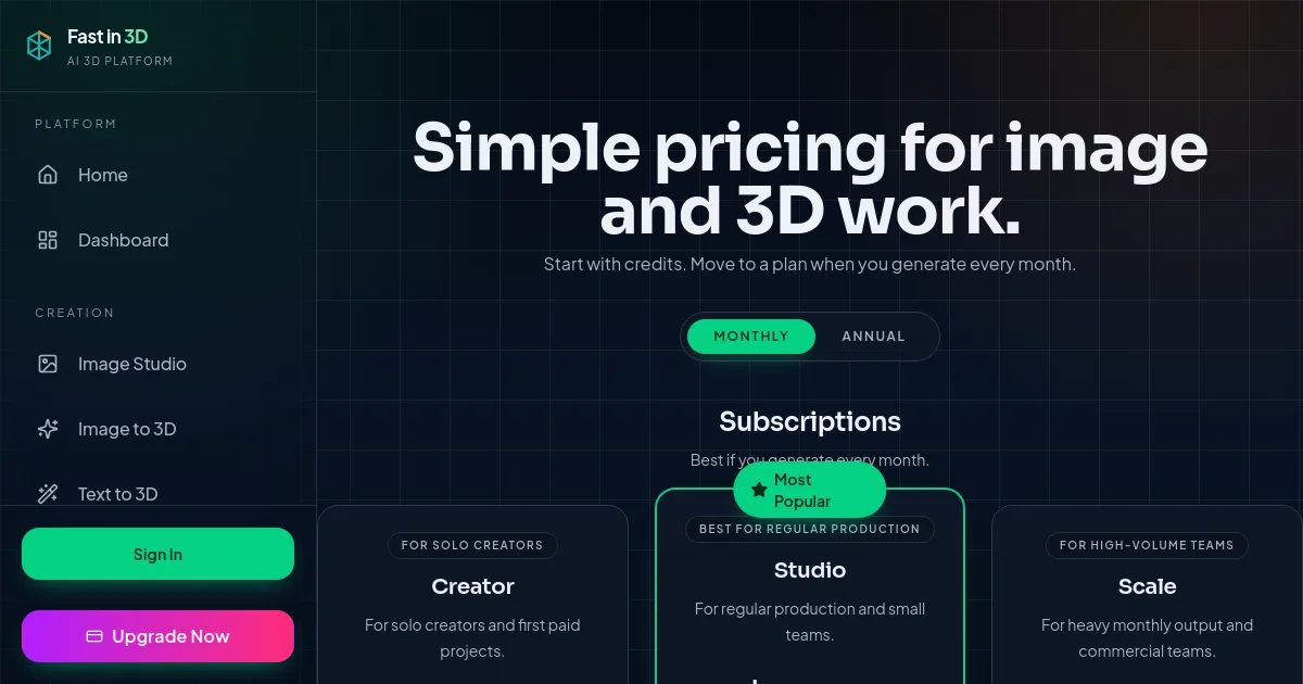 text to 3d pricing page