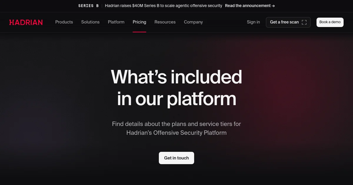 Hadrian pricing page