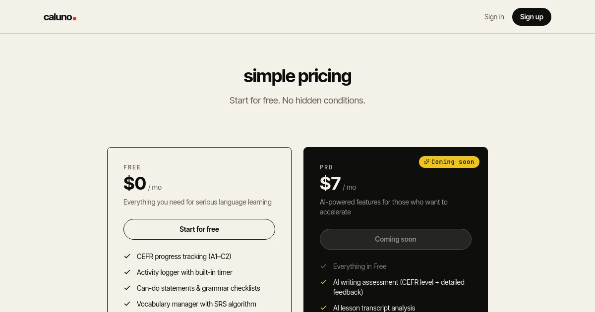 Caluno pricing page