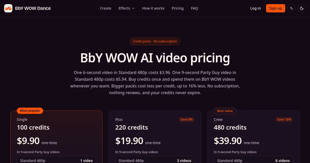 BbY WOW Dance pricing page