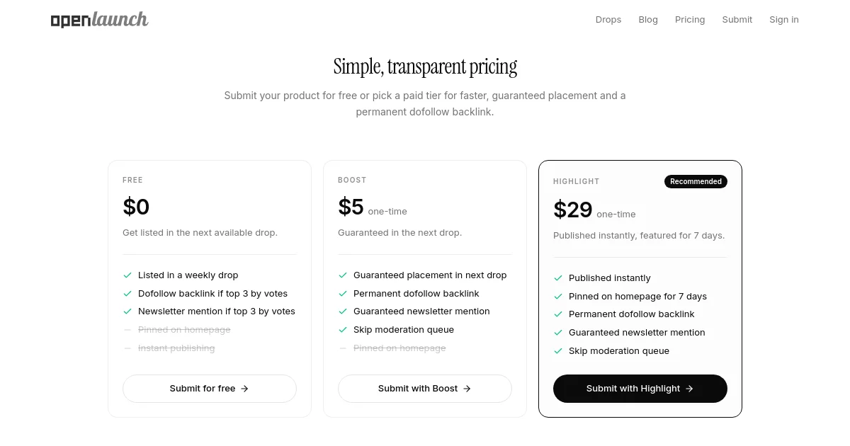 OpenLaunch pricing page