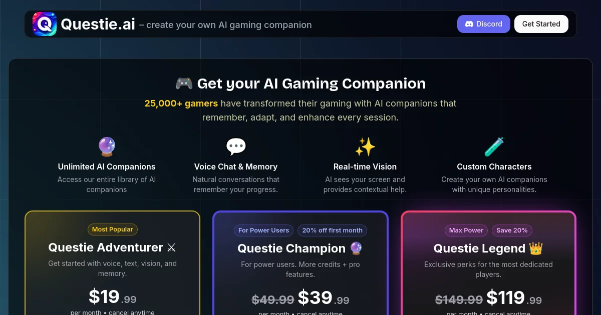 Questie AI pricing page