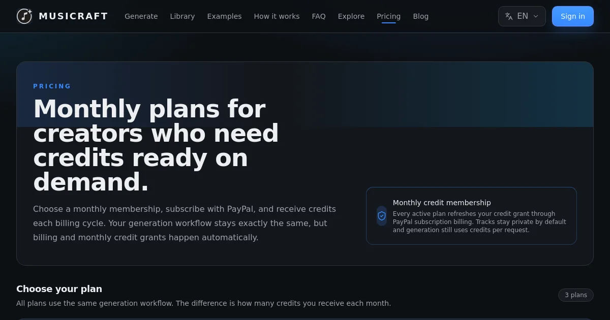 Musicraft pricing page
