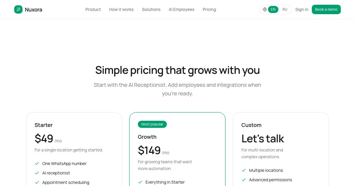 Nuxora pricing page