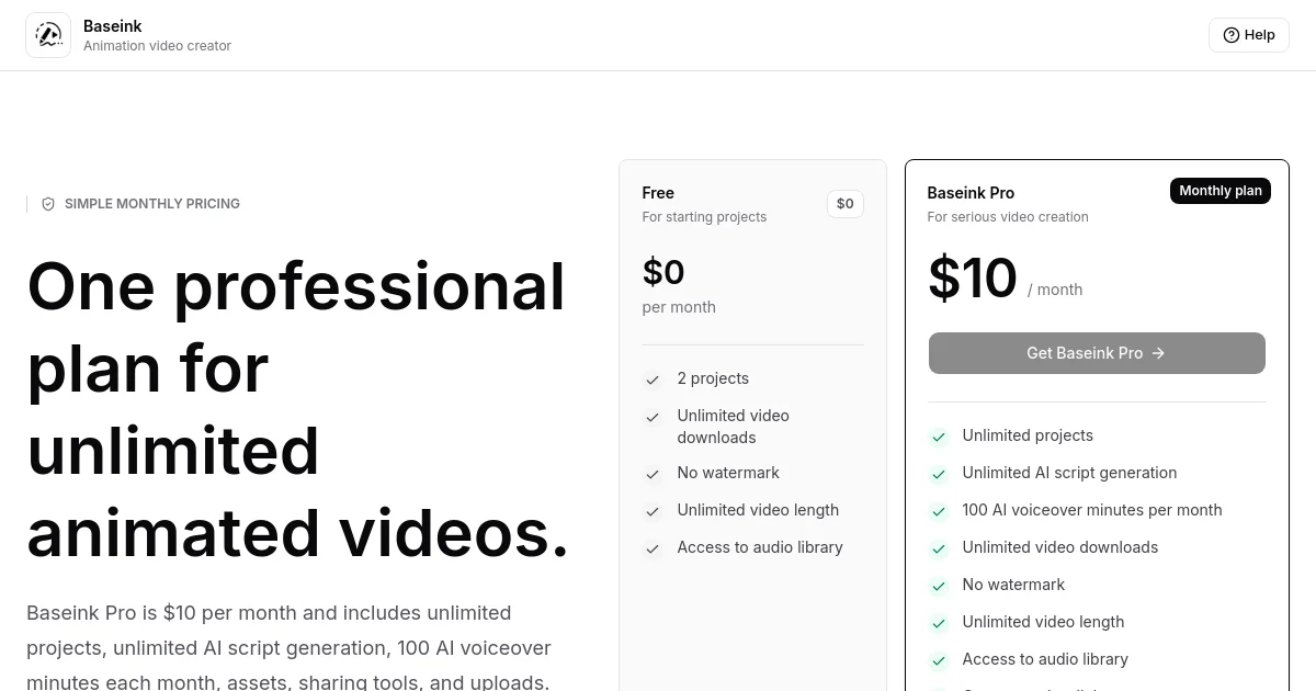 Baseink pricing page