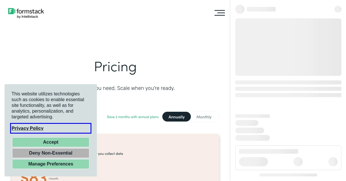 Formstack pricing page