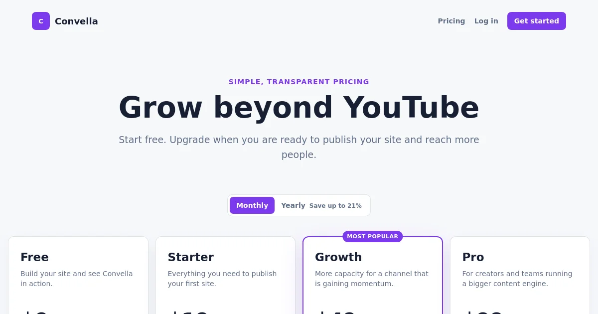 Convella pricing page
