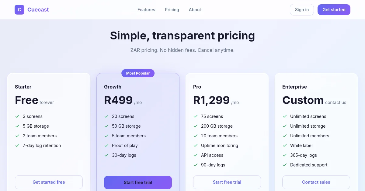 Cuecast pricing page
