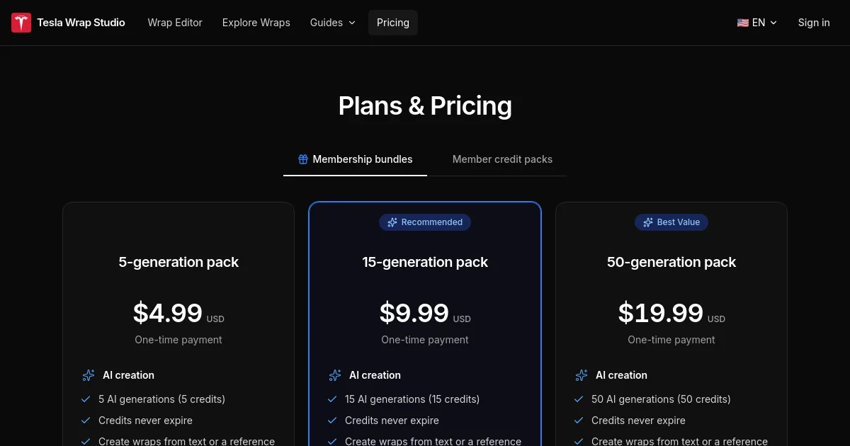 Tesla Wrap Studio pricing page