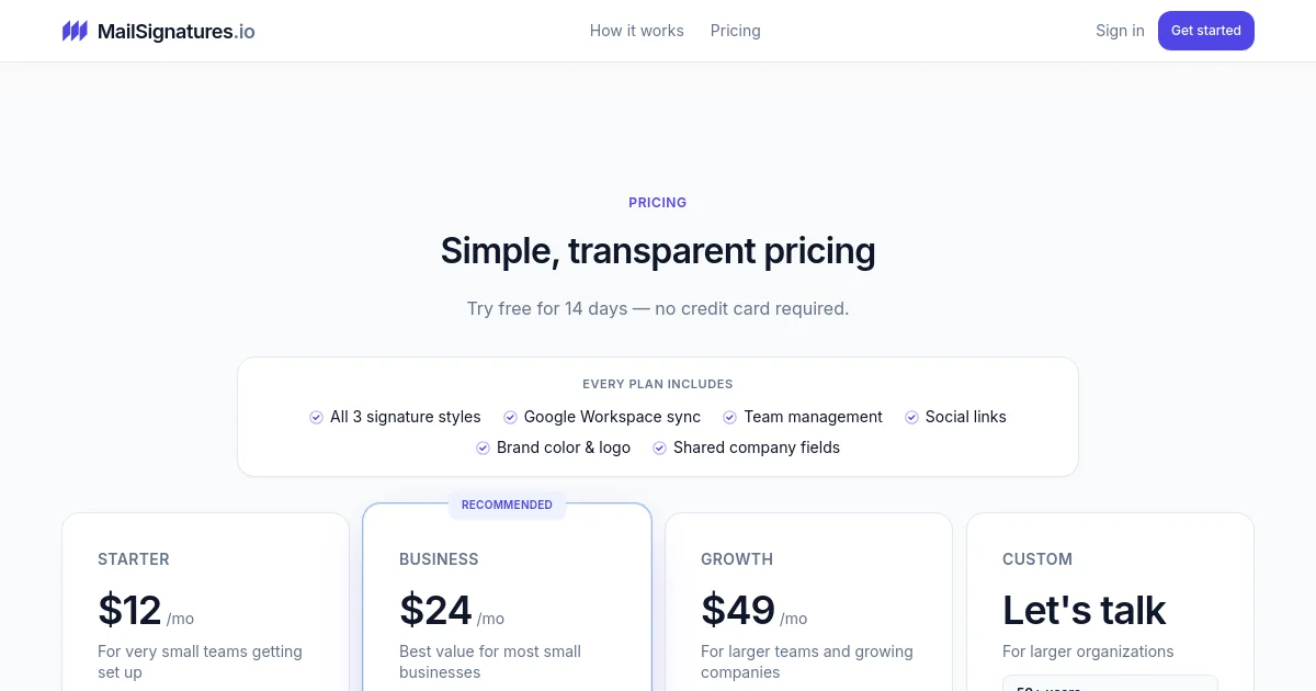 Mailsignatures pricing page