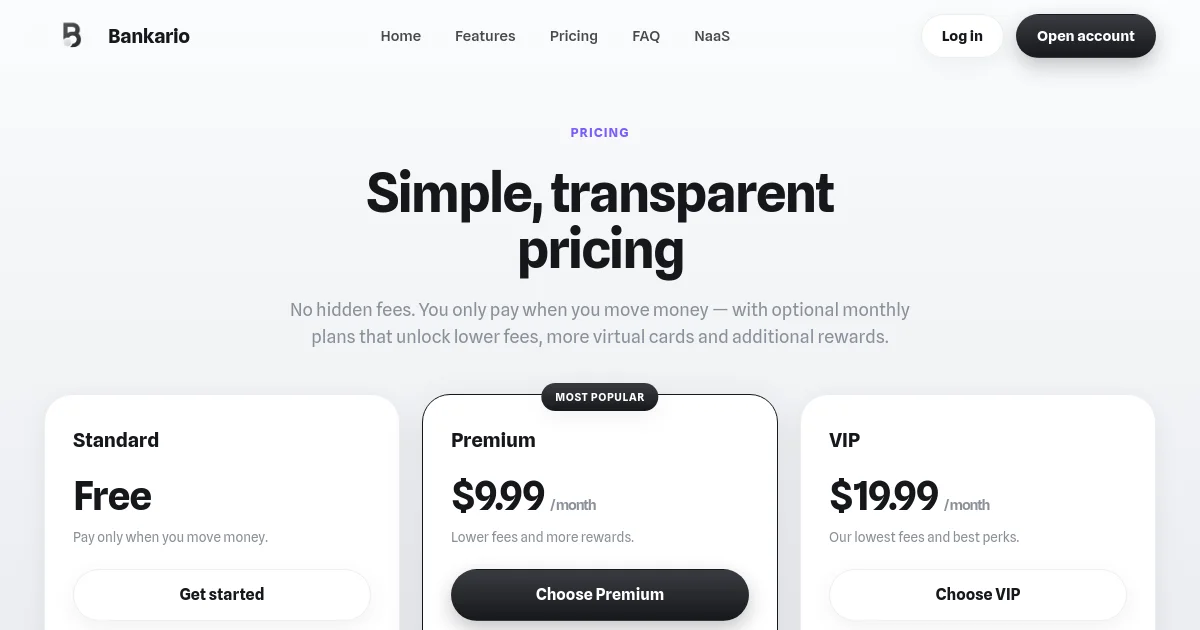 Bankario pricing page