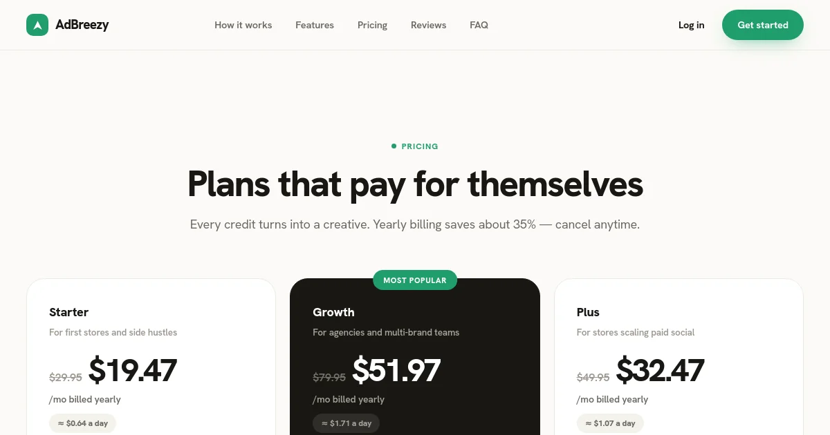 Adbreezy pricing page