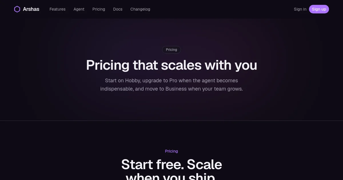 Arshas pricing page