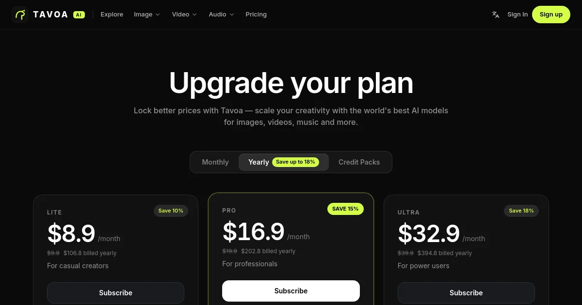 Tavoa pricing page