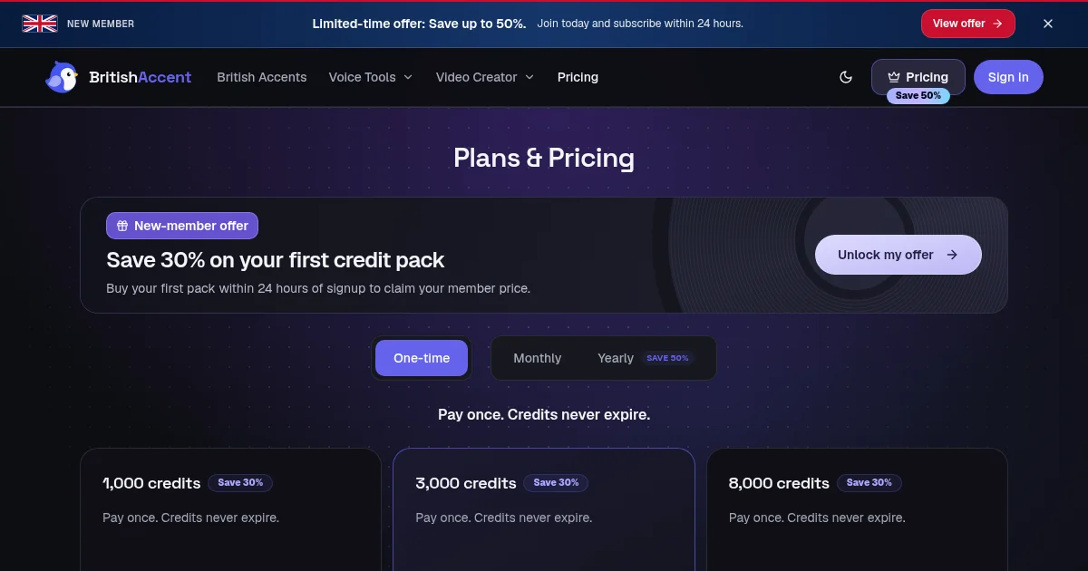 British Accent Generator pricing page