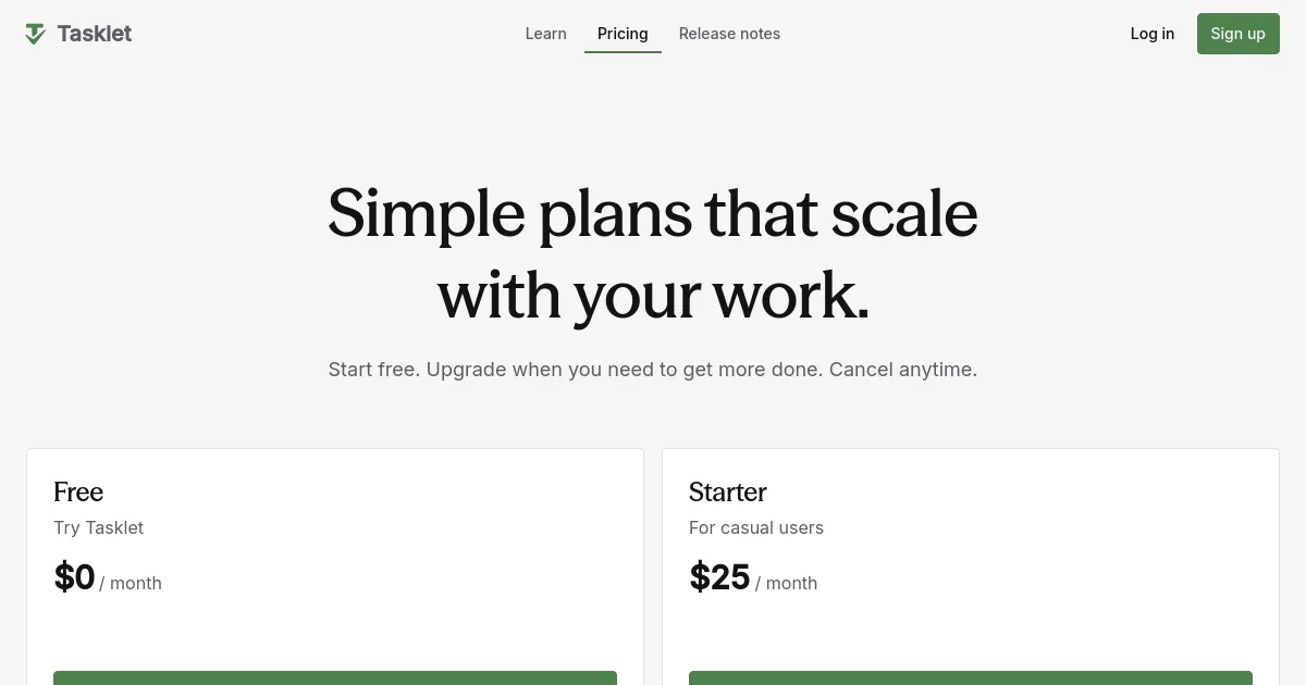 Tasklet pricing page