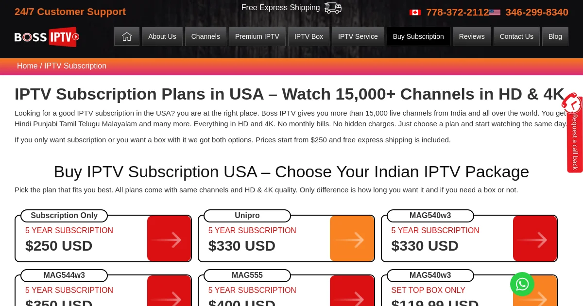 Boss IPTV pricing page