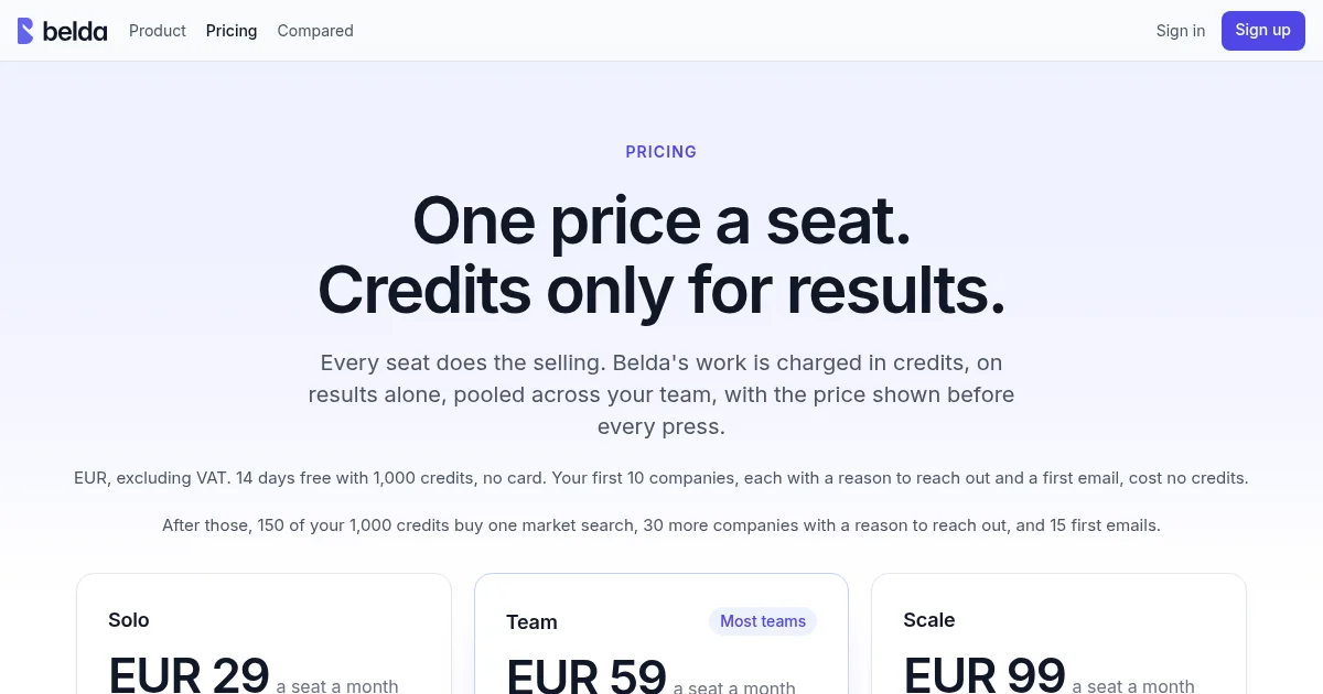 Belda AI pricing page