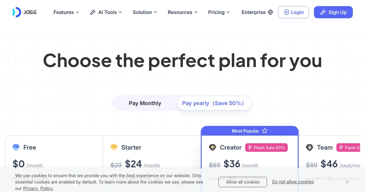 JoggAI pricing page