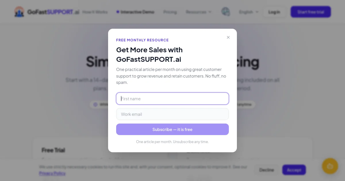 Gofastsupport pricing page