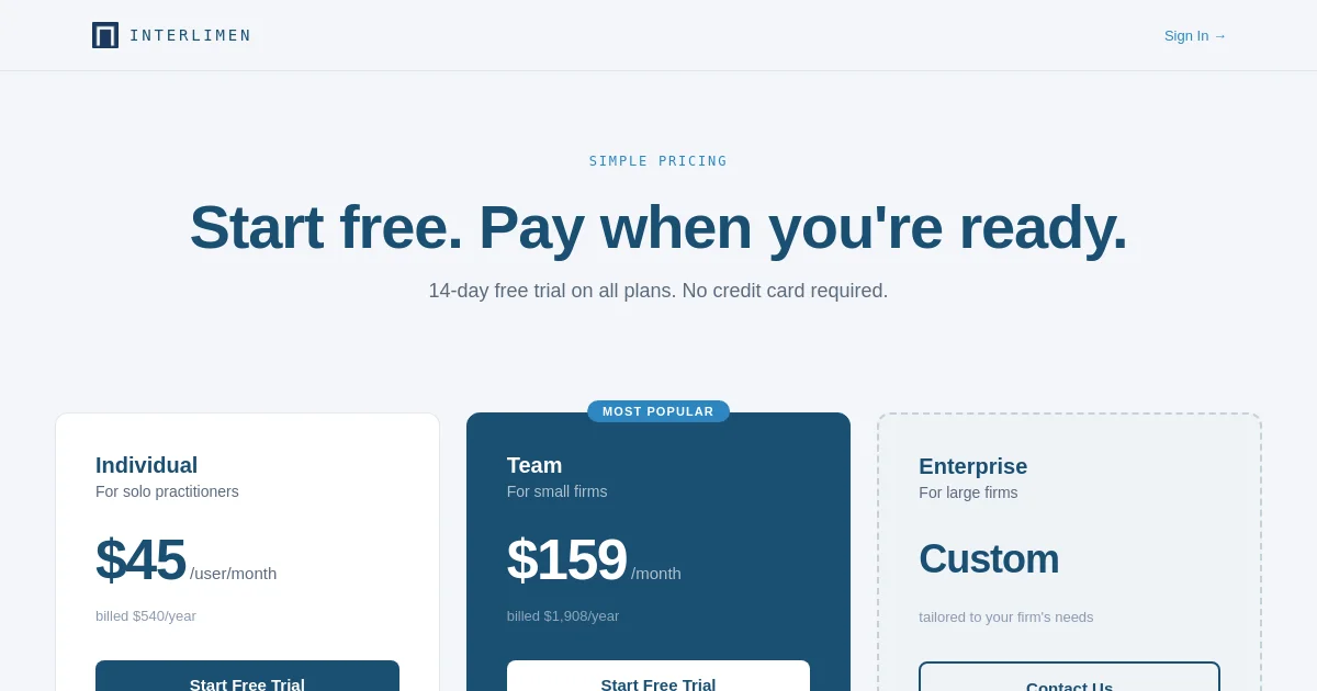 Interlimen pricing page