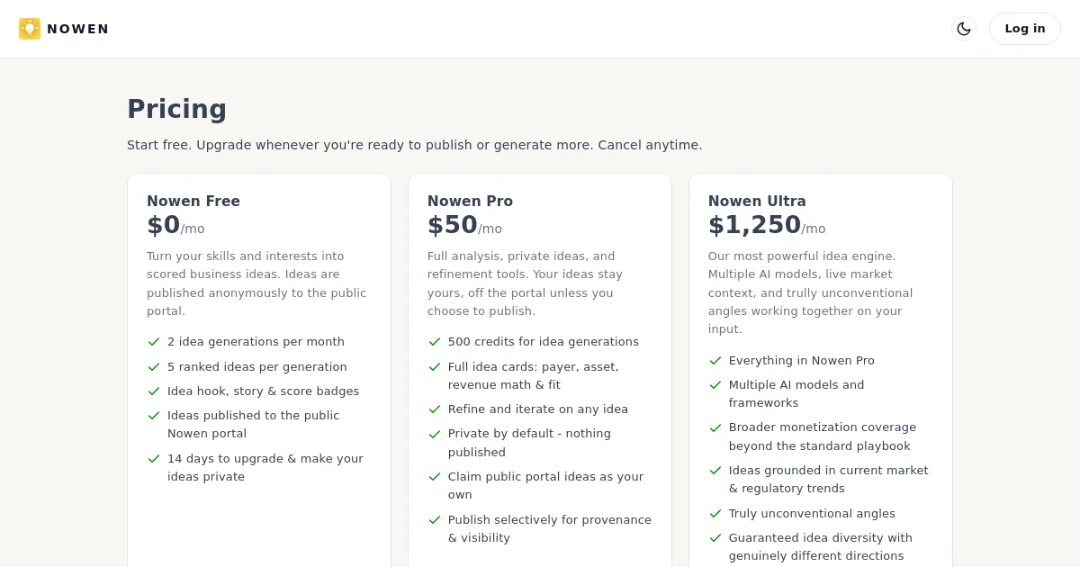 Nowen pricing page