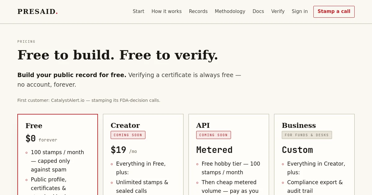 Presaid pricing page