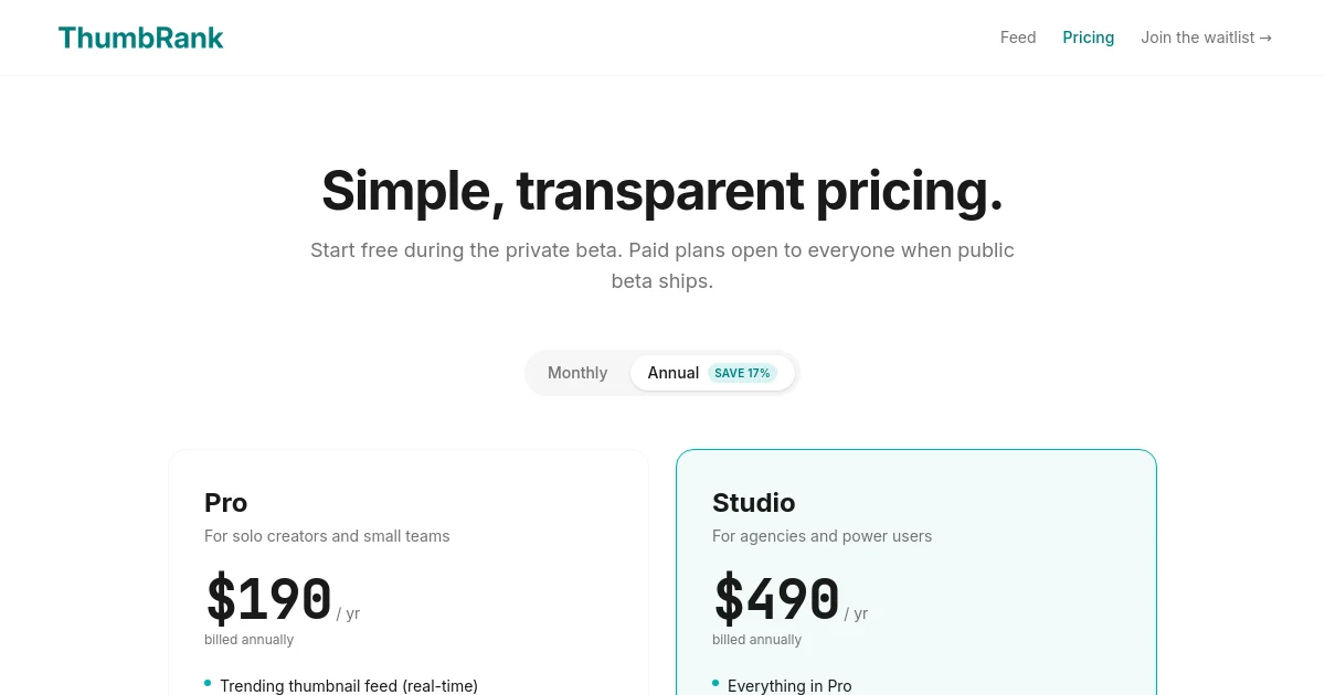Thumbrank pricing page