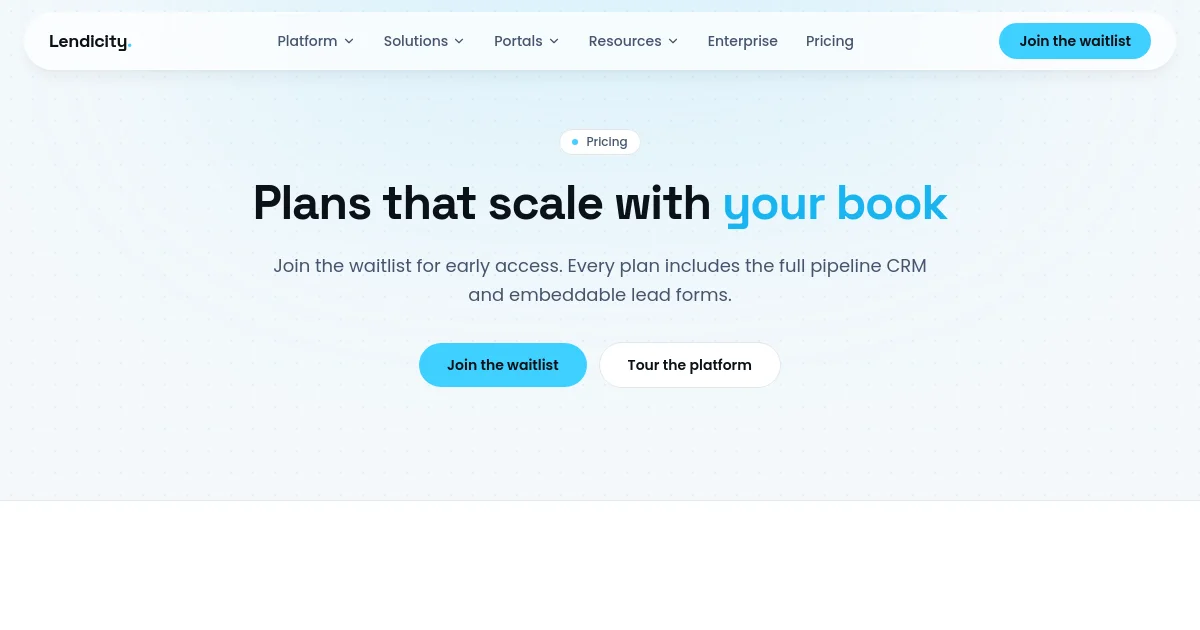 Lendicity pricing page