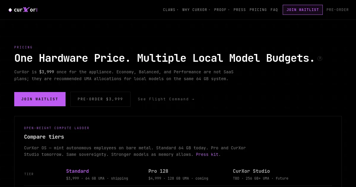 Curxor pricing page