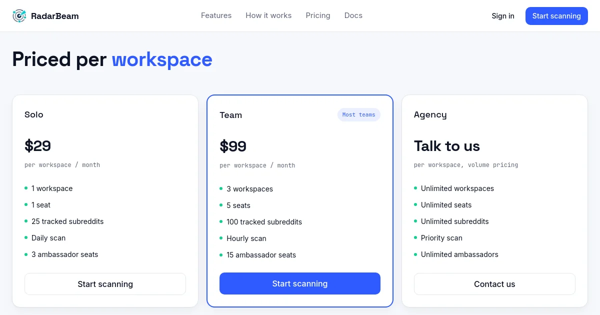 Radarbeam pricing page
