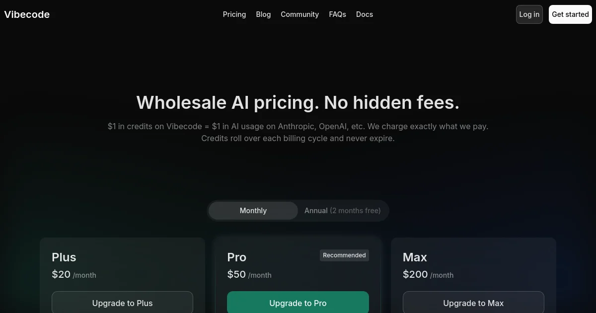 Vibecode pricing page
